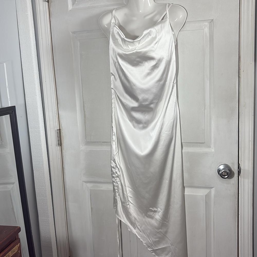 Silky Asymmetrical Slip Dress - White